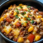 Hearty Slow Cooker Cowboy Casserole with ground beef, beans, and golden potatoes