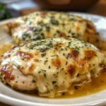 Slow cooker cheesy mozzarella chicken with melted mozzarella cheese on top, served on a plate.