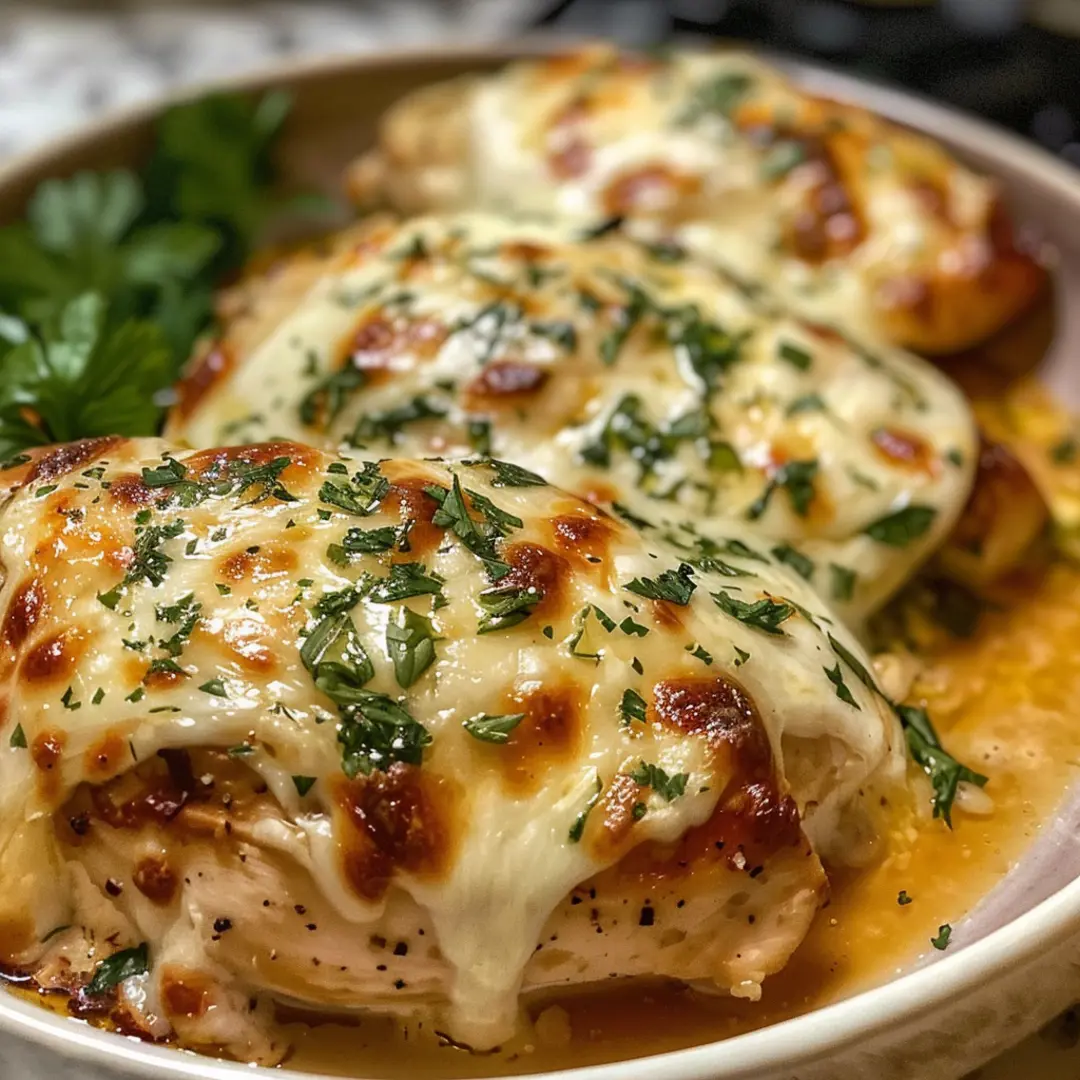 Slow cooker cheesy mozzarella chicken served with a side of vegetables and rice.