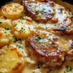 Smothered Pork Chop served with creamy scalloped potatoes on a plate.