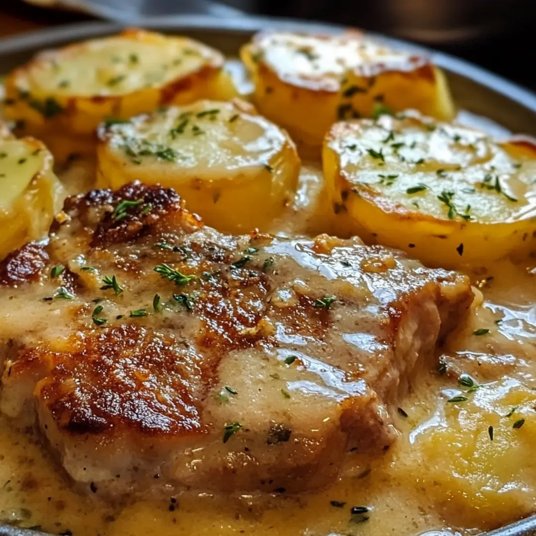 Delicious Smothered Pork Chop and Scalloped Potato with rich scalloped potatoes for a perfect dinner.