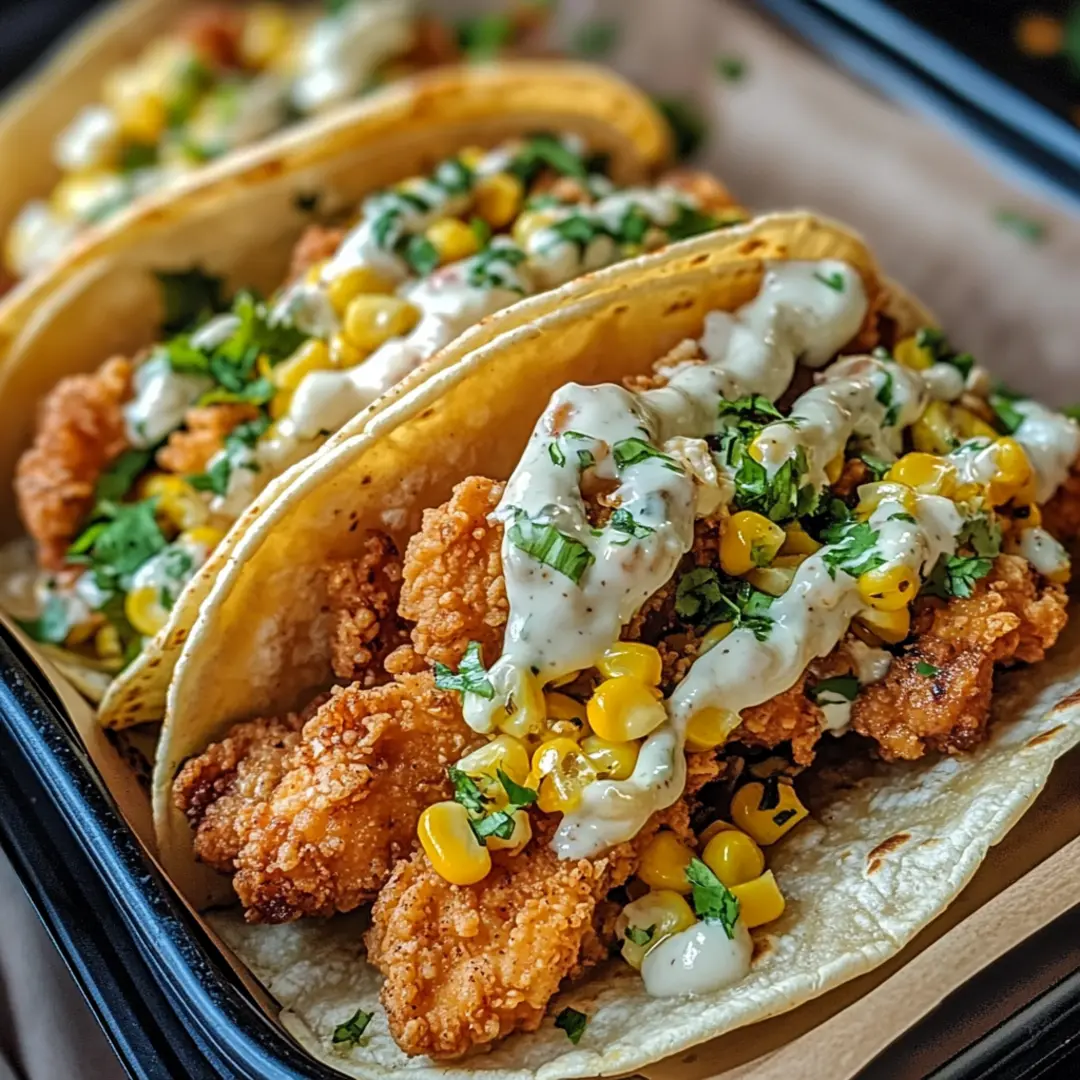 Fried Chicken Street Corn Tacos topped with creamy corn, cheese, and fresh herbs.