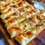 Cheesy sourdough breadsticks served warm on a wooden board.