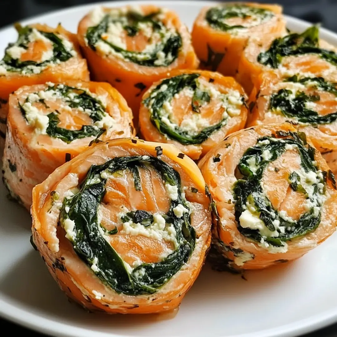 Baked stuffed salmon pinwheels with creamy spinach filling and fresh herbs.