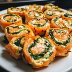 Plated stuffed salmon pinwheels garnished with lemon slices and dill.