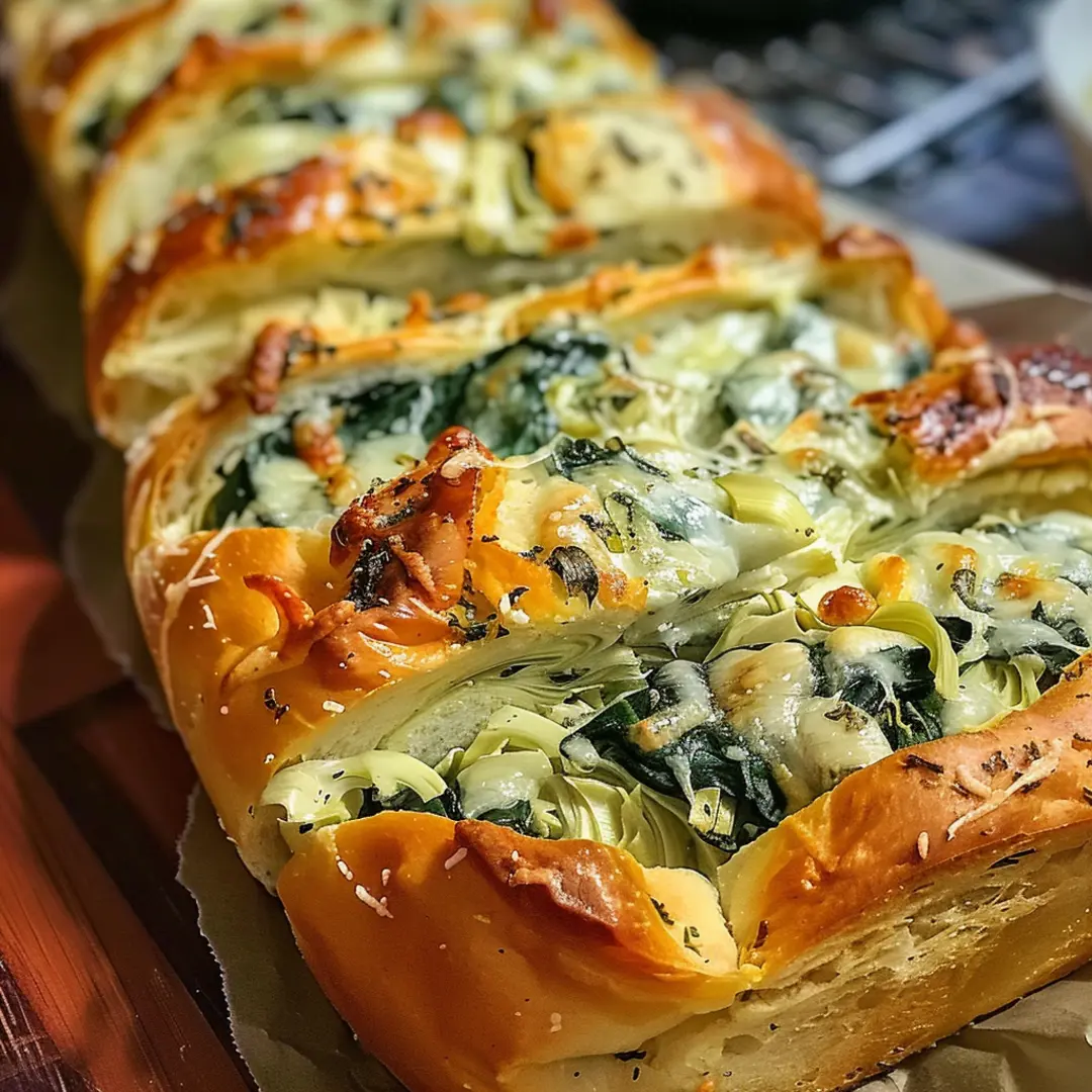 Golden, cheesy Spinach and Artichoke Stuffed Bread oozing with filling.