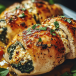 Juicy Spinach and Ricotta Stuffed Chicken with golden-brown crust.