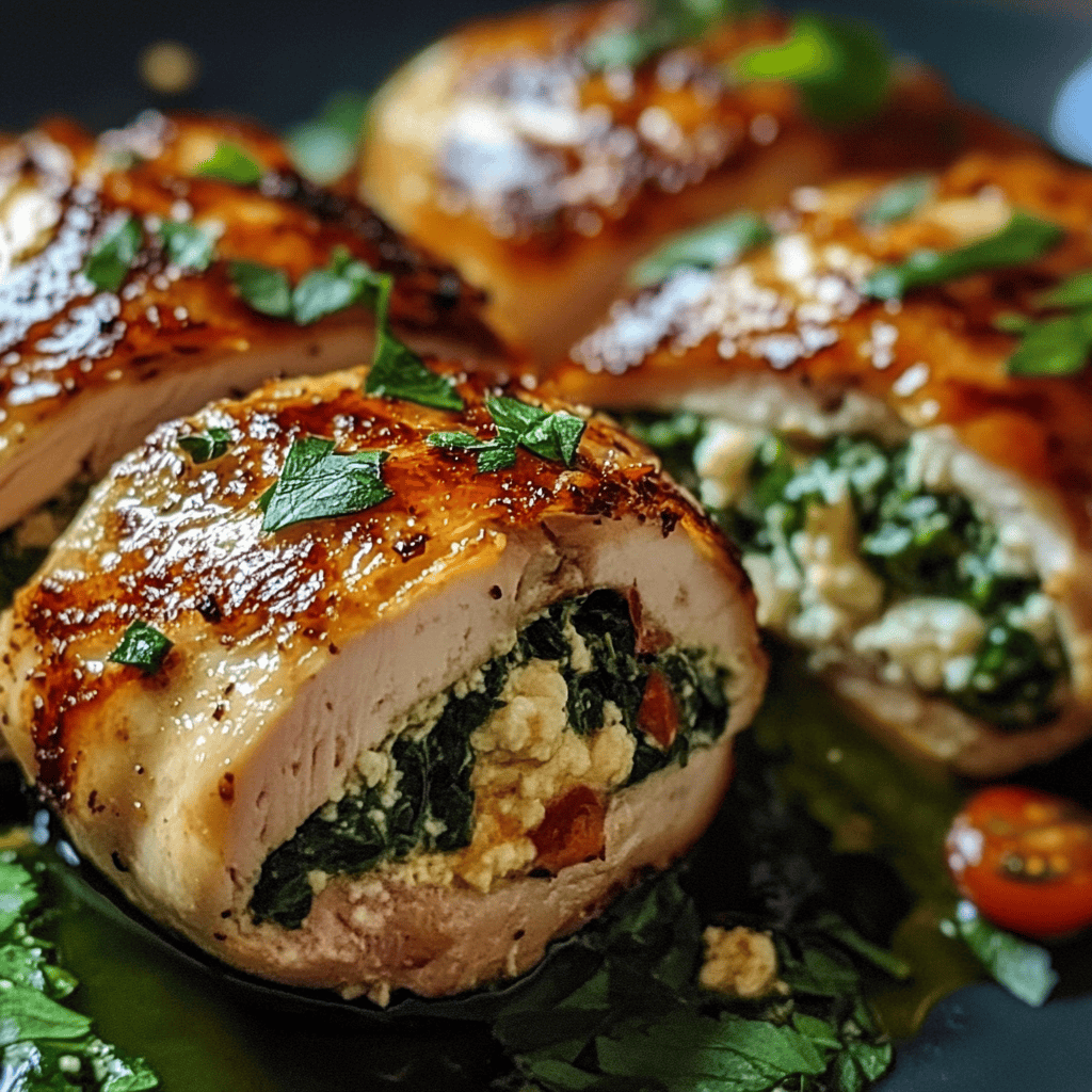 Delicious Spinach and Ricotta Stuffed Chicken served with fresh herbs.