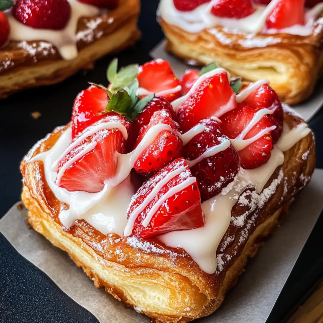 Flaky strawberry danish topped with glaze and juicy strawberries.