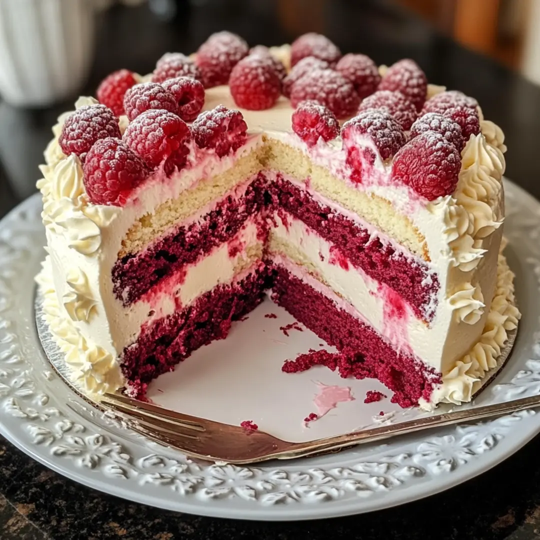White Chocolate Raspberry Dream Cake with raspberry filling and white chocolate drizzle