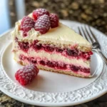Elegant White Chocolate Raspberry Dream Cake topped with fresh raspberries
