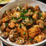 Savory Chicken and Mushroom dish served in a creamy sauce with fresh herbs.