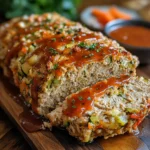 Sliced chicken meatloaf recipe on a plate with veggies.