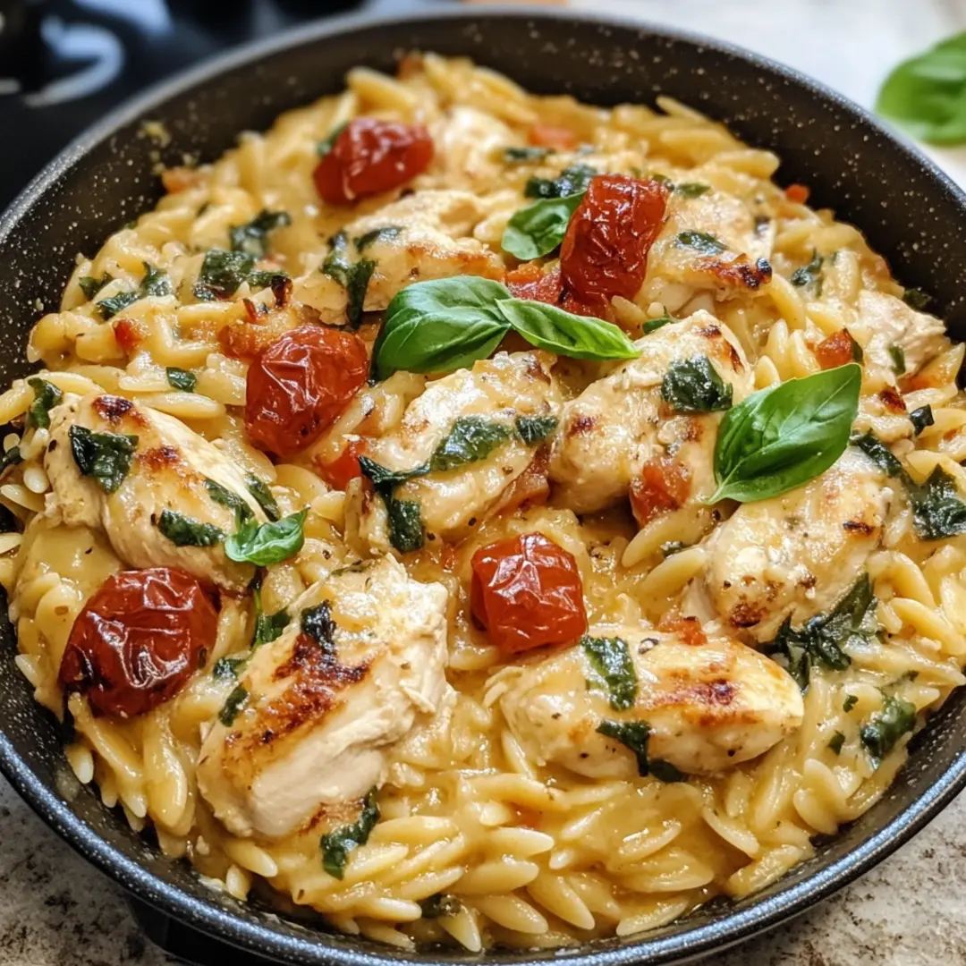 Creamy Marry Me Chicken Orzo topped with sun-dried tomatoes and fresh herbs.