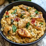 Close-up of Marry Me Chicken Orzo with rich sauce and tender chicken breasts.