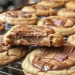 Freshly baked peanut butter cup cookies with a gooey peanut butter center and chocolate topping.