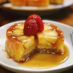Golden, caramelized pineapple slices on top of a freshly baked pineapple upside-down cake.