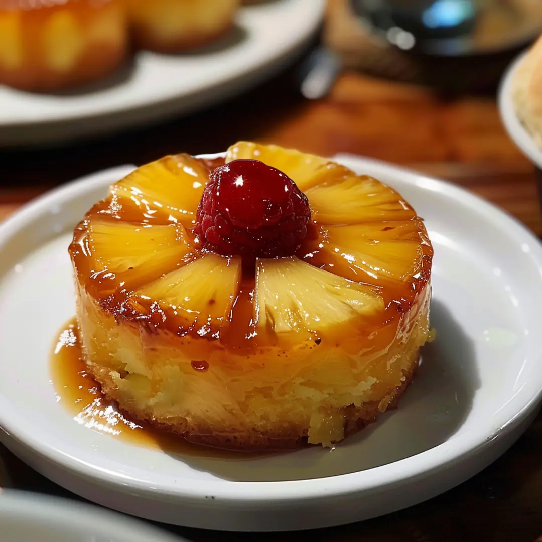 Close-up of pineapple upside-down cake with maraschino cherries and a golden caramelized crust.